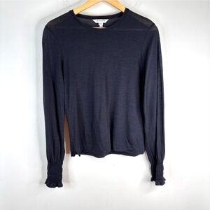 LK Bennett Essia Top S Wool Blend Navy Knit Long Sleeve Ruffle Cuff Minimalist